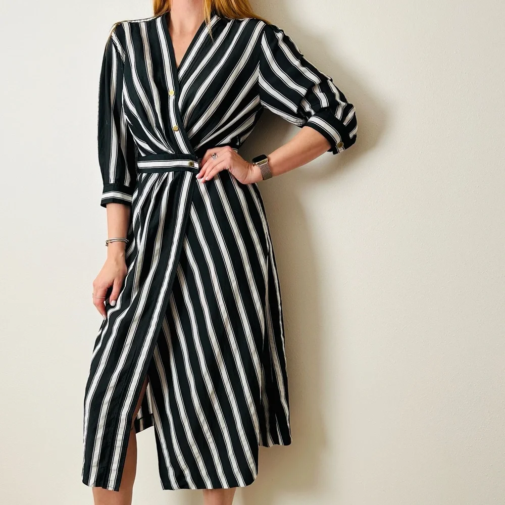 Sandro Carl Black and White Wrap Striped 3/4 Sleeve Midi Dress - Picture 1 of 15